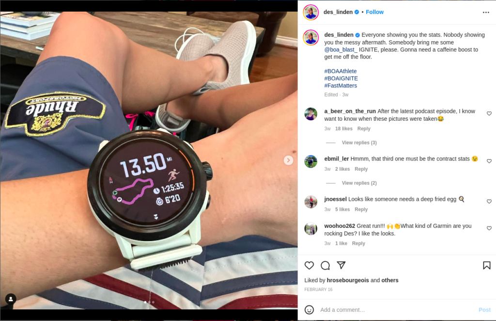 Linden wears a Coros Apex 2 Pro watch to track her runs.