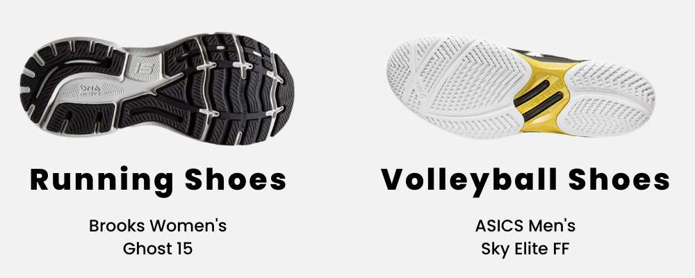 Volleyball shoes have a relatively shallow tread that runs in multiple directions to allow for quick side-to-side movements.