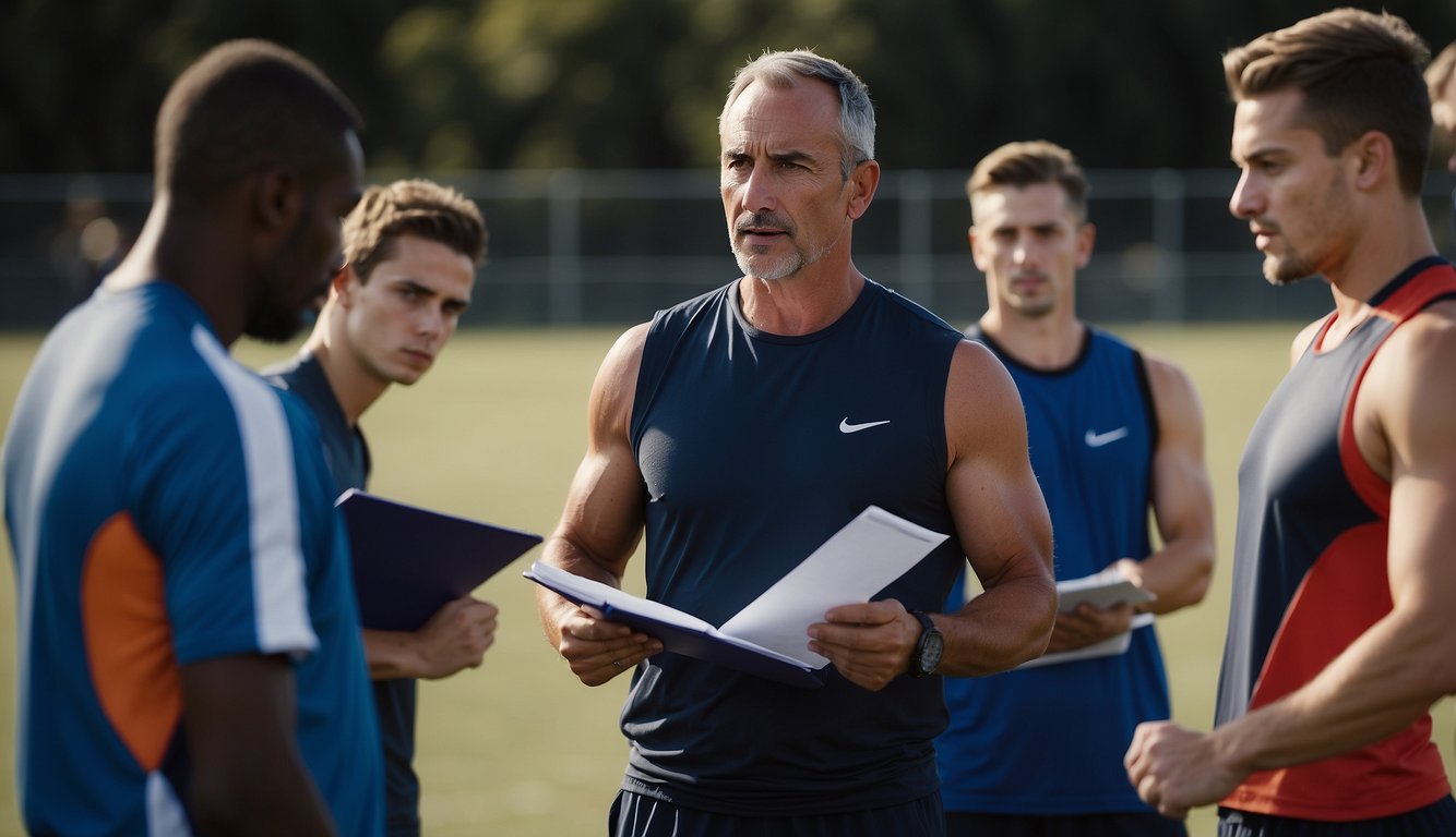 A running coach stands with a clipboard, asking a group of athletes questions about their training approach. The coach listens intently, jotting down notes as the athletes respond