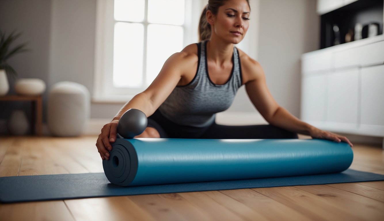 A person stretches on a yoga mat, surrounded by foam rollers, massage balls, and a heating pad
