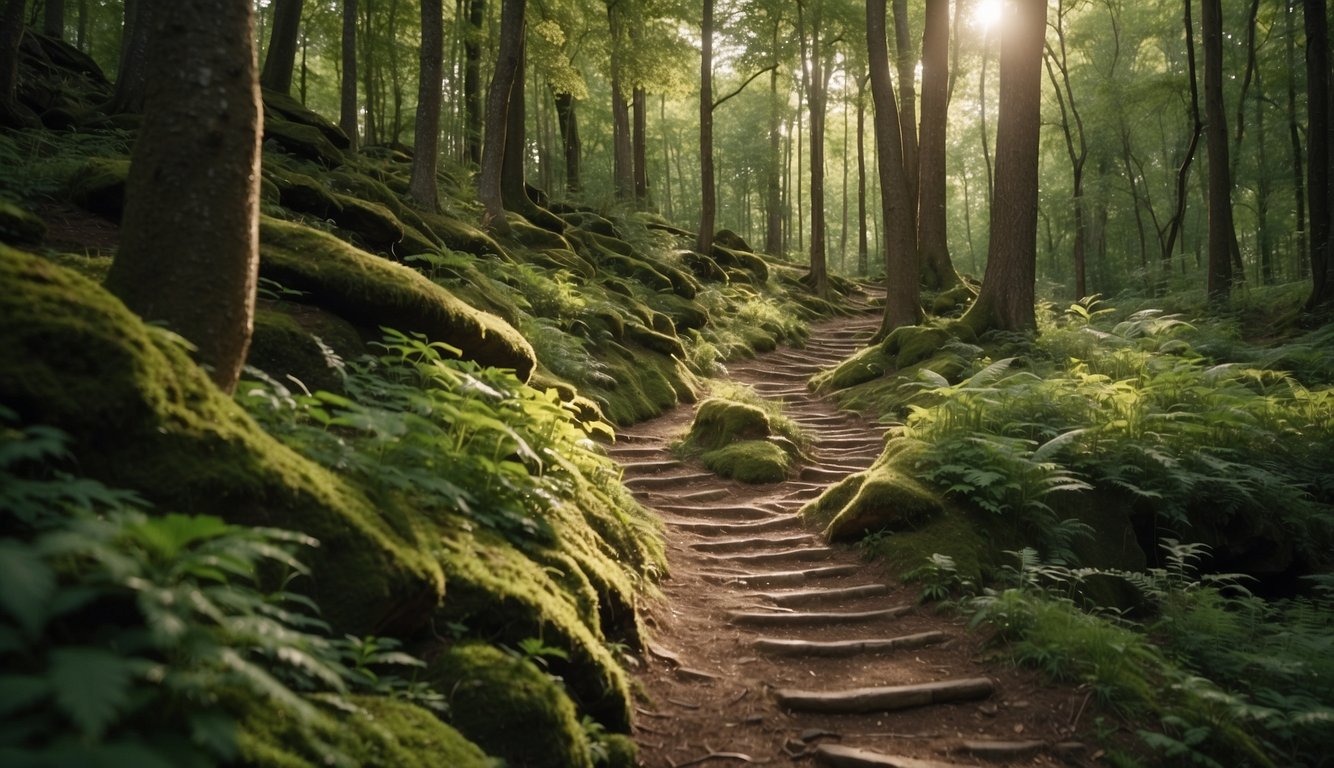 A rugged trail winds through a dense forest, with uneven terrain and obstacles. Rocks, roots, and branches present challenges for a barefoot or minimalist runner. The path is surrounded by lush greenery and dappled sunlight