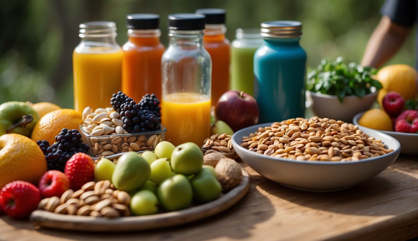 Trail runners fueling with whole foods: colorful fruits, vegetables, nuts, and grains displayed on a table. A water bottle and trail running shoes nearby
