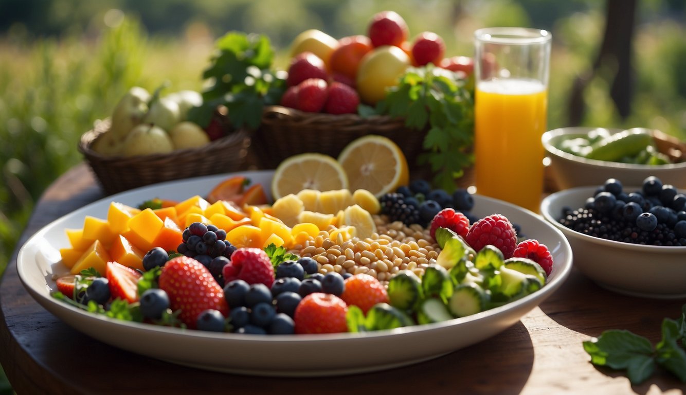 A trail runner's plate filled with colorful, nutrient-dense whole foods, surrounded by fresh fruits, vegetables, and grains, with a glass of water on the side