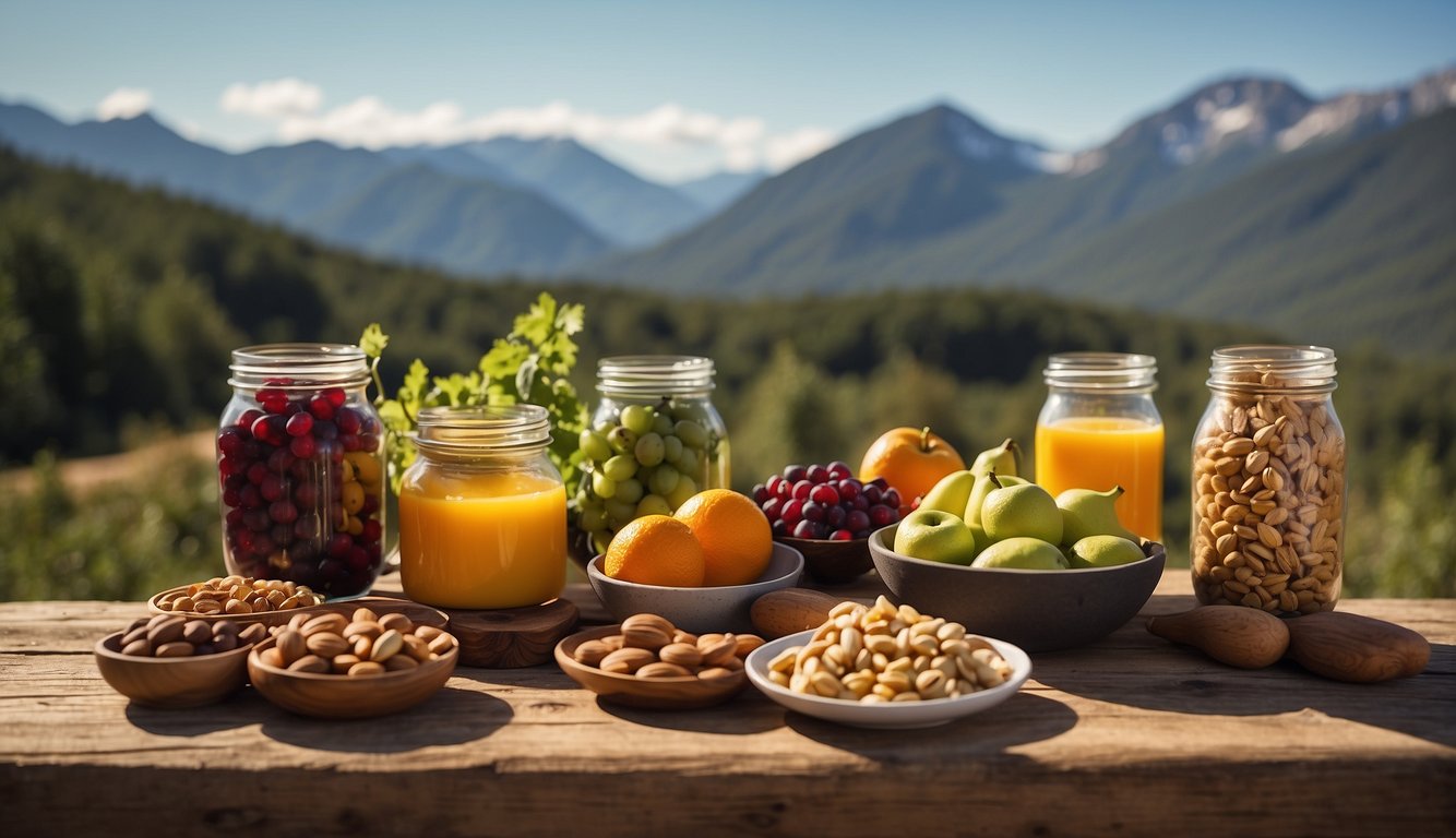 Trail runners fueling with whole foods, overcoming common challenges. Vibrant fruits, nuts, and vegetables on a rustic wooden table. Mountainous terrain in the background