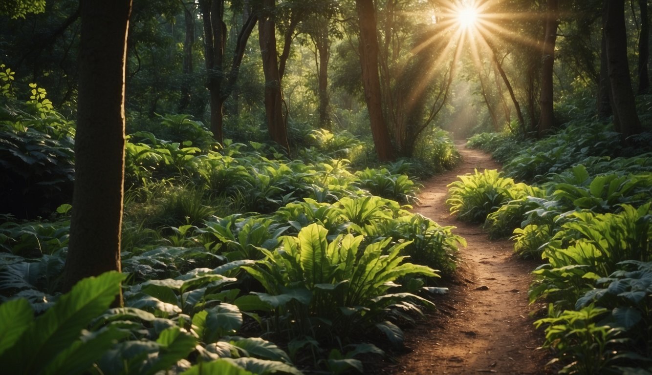A lush trail winds through a forest, with vibrant green plants and colorful fruits and vegetables growing alongside the path. The sun shines through the canopy, illuminating the natural bounty of plant-based nutrition