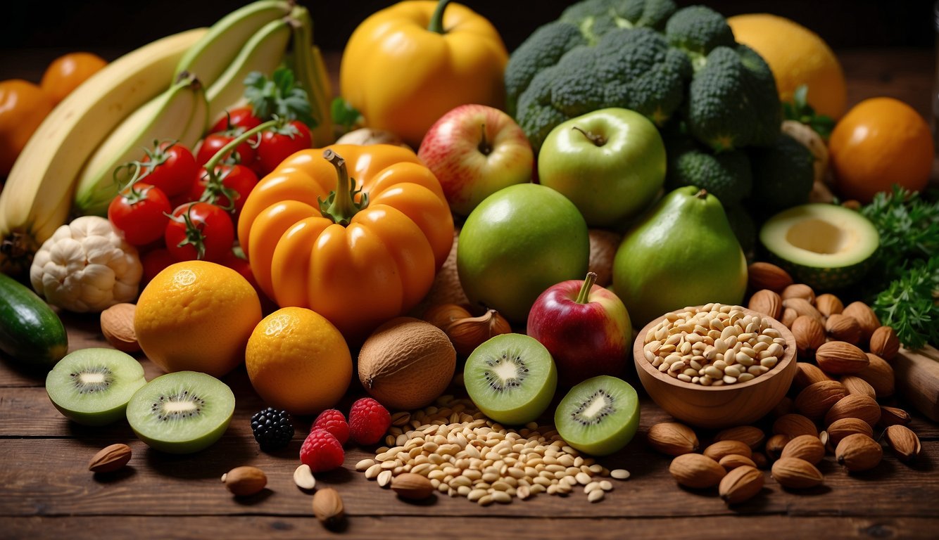 A colorful array of fresh fruits, vegetables, whole grains, and legumes arranged on a wooden table, with a variety of nuts and seeds scattered around