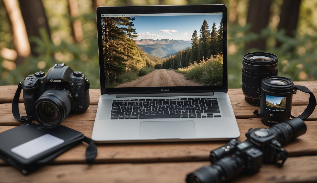 A trail runner's camera and laptop on a wooden table, surrounded by nature-themed photo prints and editing software