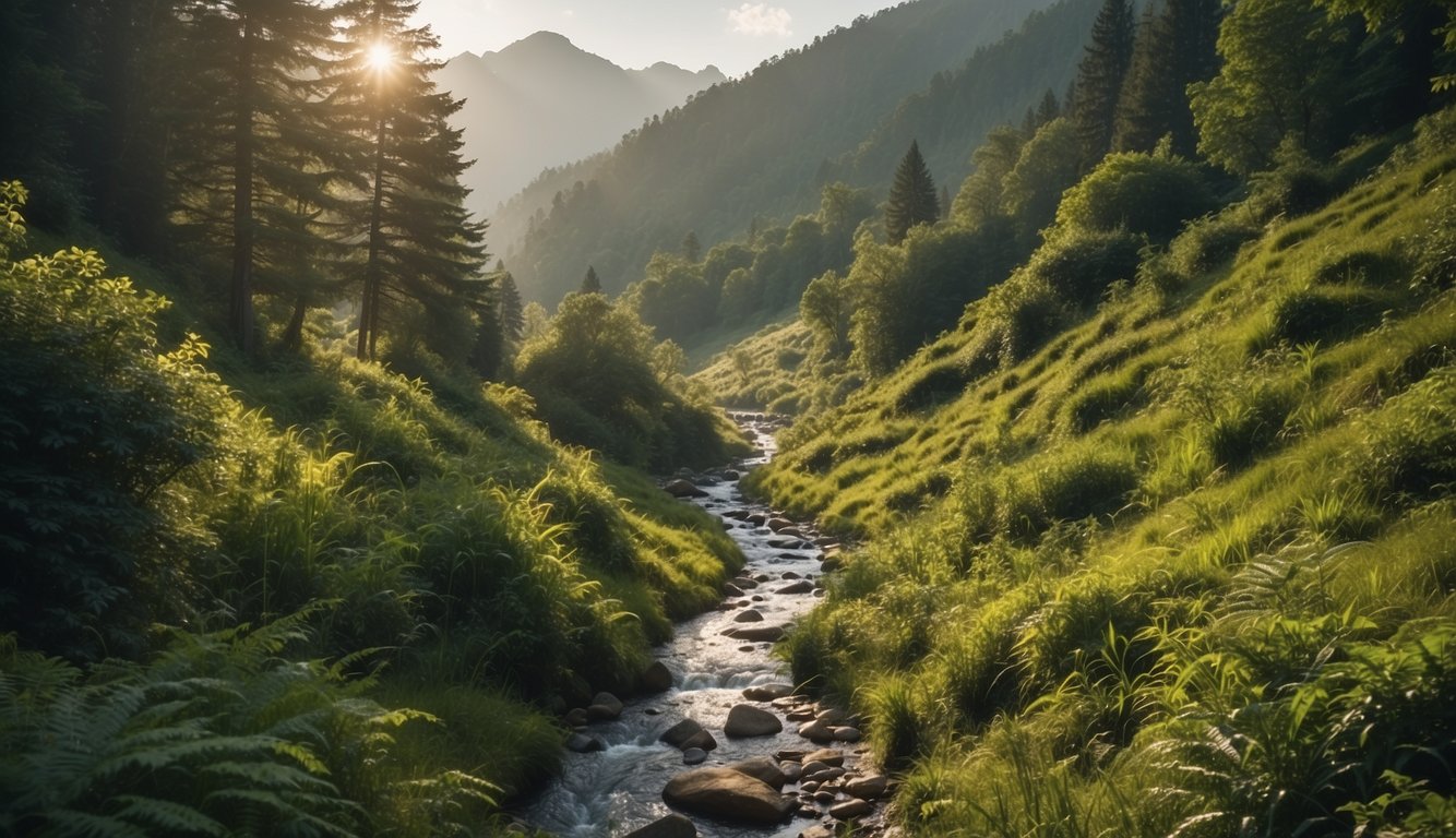 A winding trail cuts through lush forest, dappled with sunlight. A stream flows alongside, reflecting the vibrant greenery. Mountains loom in the distance, shrouded in mist