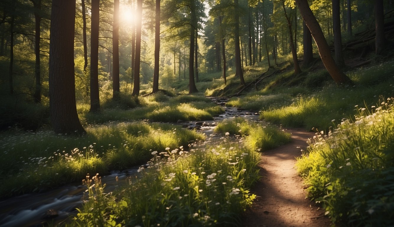 A winding forest trail with dappled sunlight filtering through the trees, a babbling brook running alongside, and vibrant wildflowers dotting the landscape