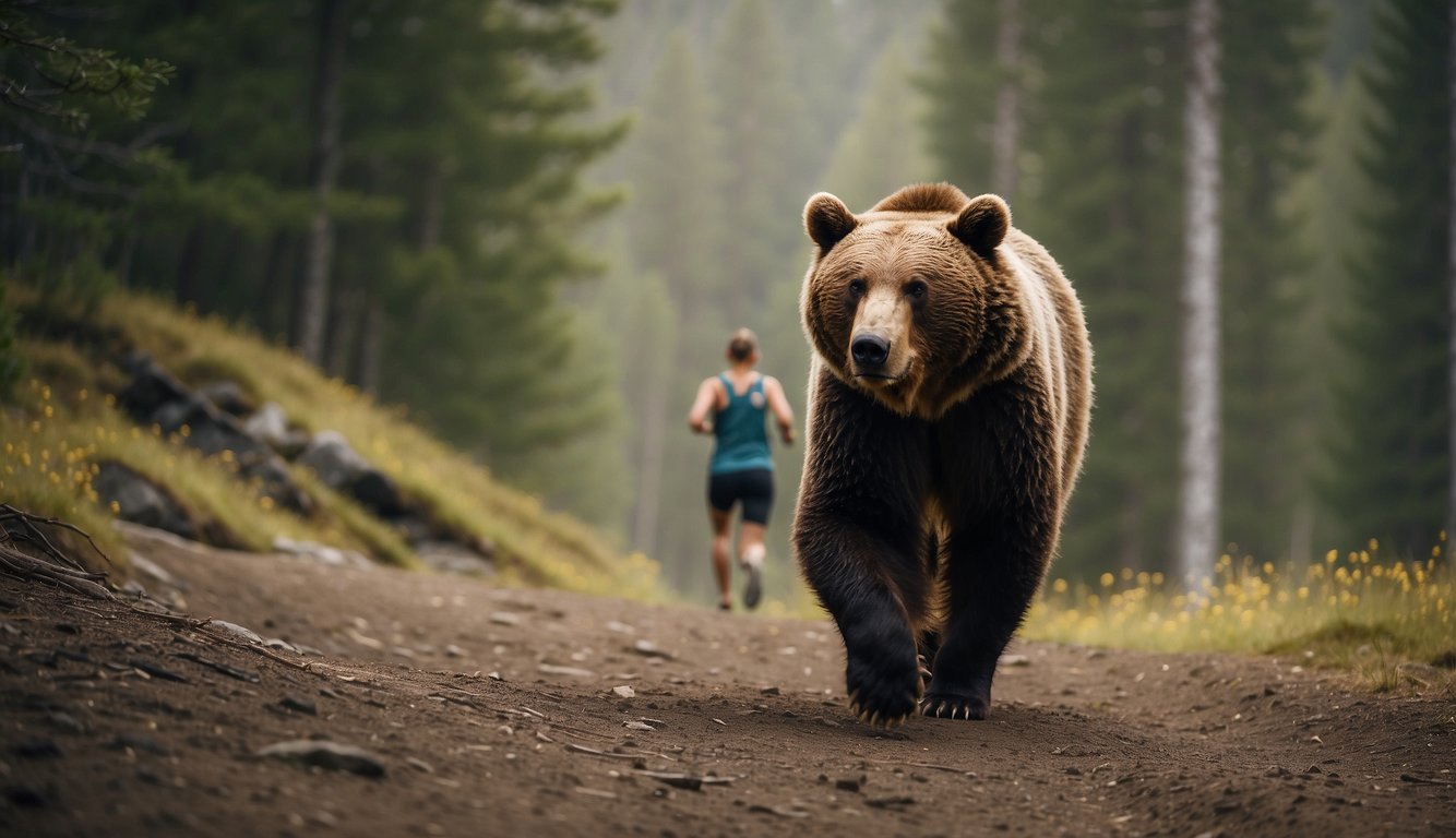 A trail runner encounters a bear and calmly backs away, avoiding direct eye contact