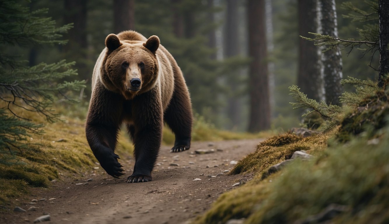 A trail runner encounters a bear and calmly backs away, avoiding direct eye contact. The bear loses interest and wanders off