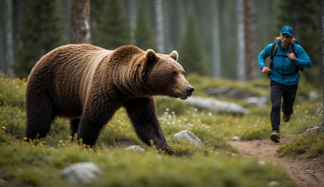 A trail runner cautiously approaches a bear, keeping a safe distance and avoiding eye contact. They carry bear spray and make noise to alert the bear of their presence