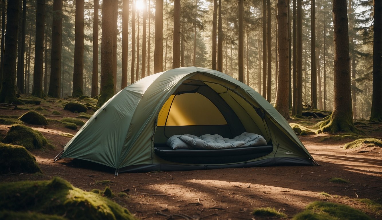 An ultralight shelter is set up in a forest clearing, with a sleeping bag and minimal gear laid out nearby. The scene is surrounded by trees and dappled sunlight, creating a sense of tranquility and efficiency