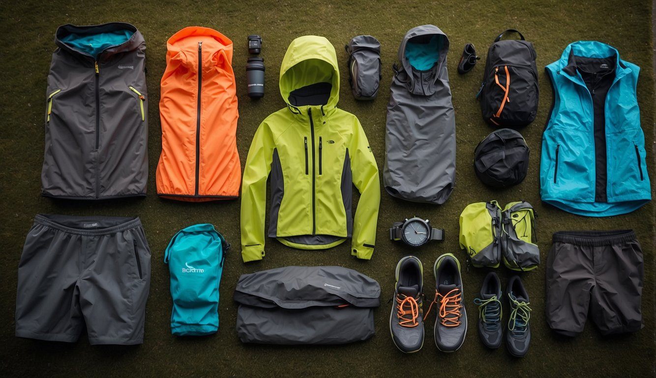 A trail runner's gear laid out: lightweight waterproof jacket, compact windbreaker, moisture-wicking base layer, quick-drying shorts, and minimalist trail shoes