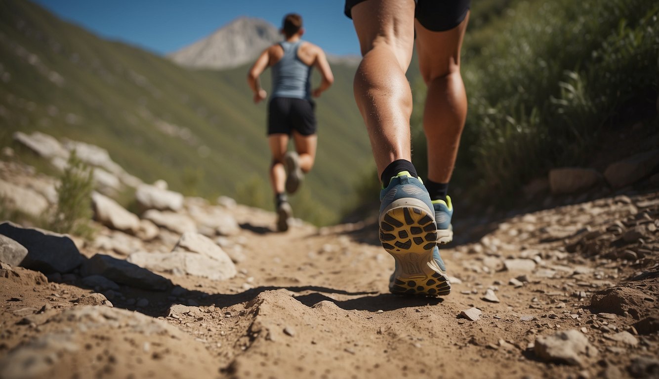 A runner navigates a rugged trail, feet pounding on uneven terrain, body adjusting to constant changes in elevation and surface