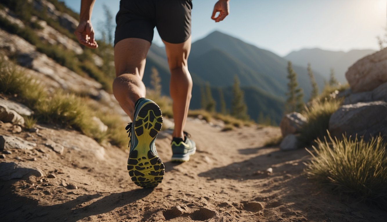 A runner navigates rugged terrain, using proper foot placement and balance. Muscles engage to absorb impact and propel forward