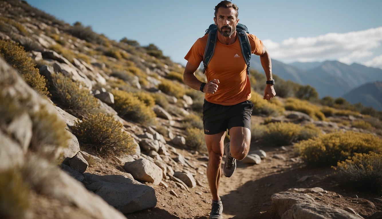 A trail runner navigates uneven terrain, avoiding rocks and roots. The runner's body adjusts to the changing landscape, demonstrating the biomechanics of trail running