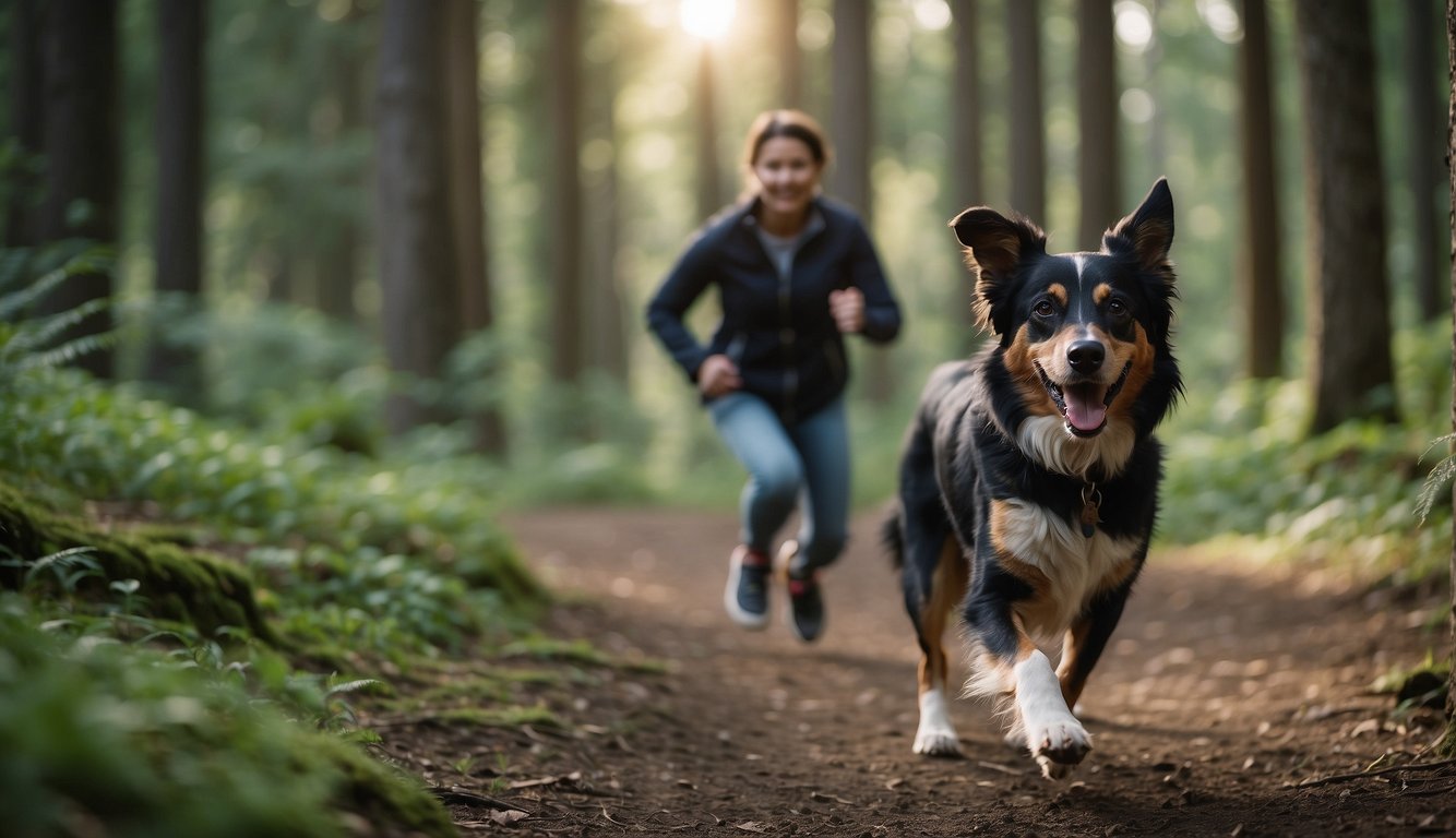 A dog runs joyfully alongside its owner on a forest trail, surrounded by trees and nature. The dog's tail is wagging as it keeps pace with its human companion, both enjoying the freedom of the trail