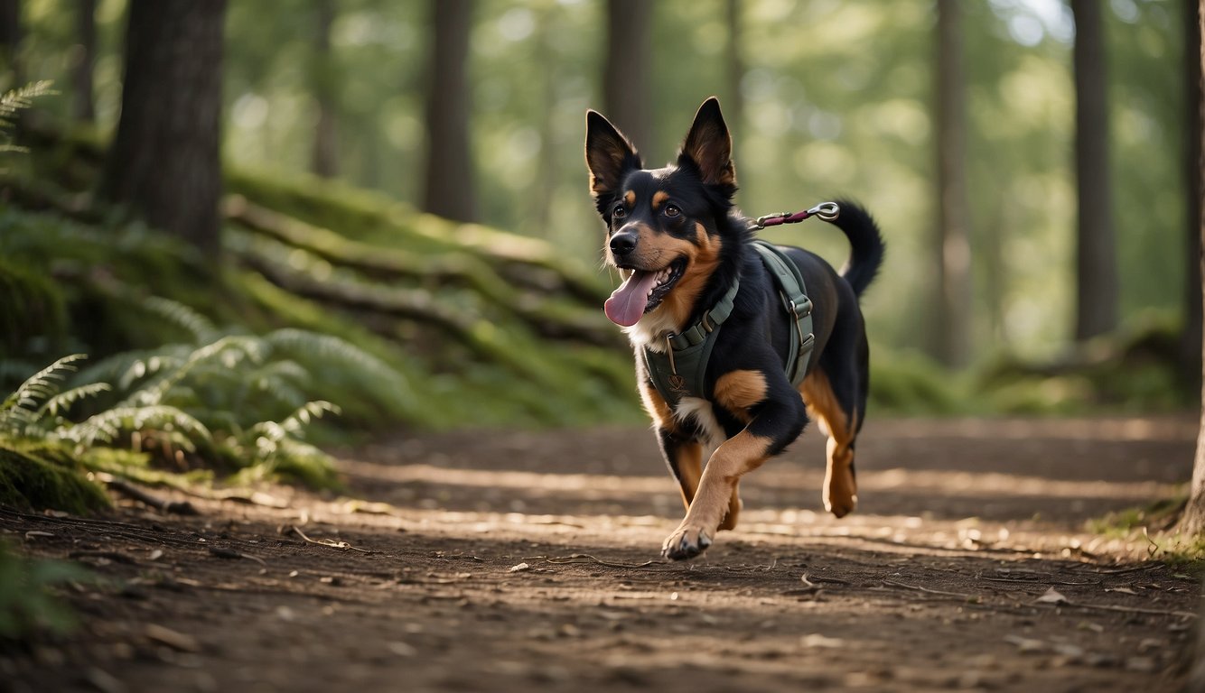 A dog with a leash attached to a runner's waist, running through a forest trail. The dog is happily trotting alongside the runner, both enjoying the outdoor adventure
