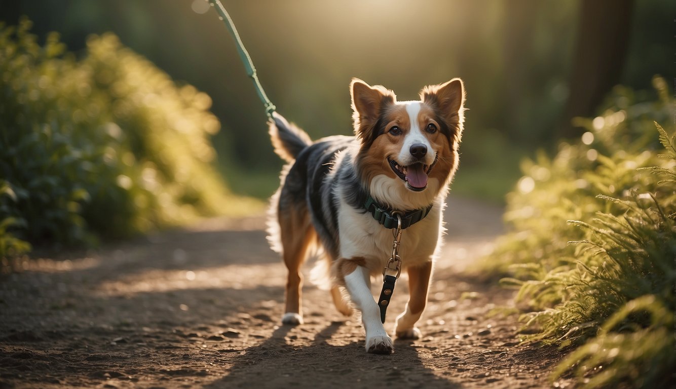 A dog's leash is being fastened to a waist belt. The dog eagerly waits, tail wagging, ready for a trail run. The sun is shining, and the trail is surrounded by lush greenery
