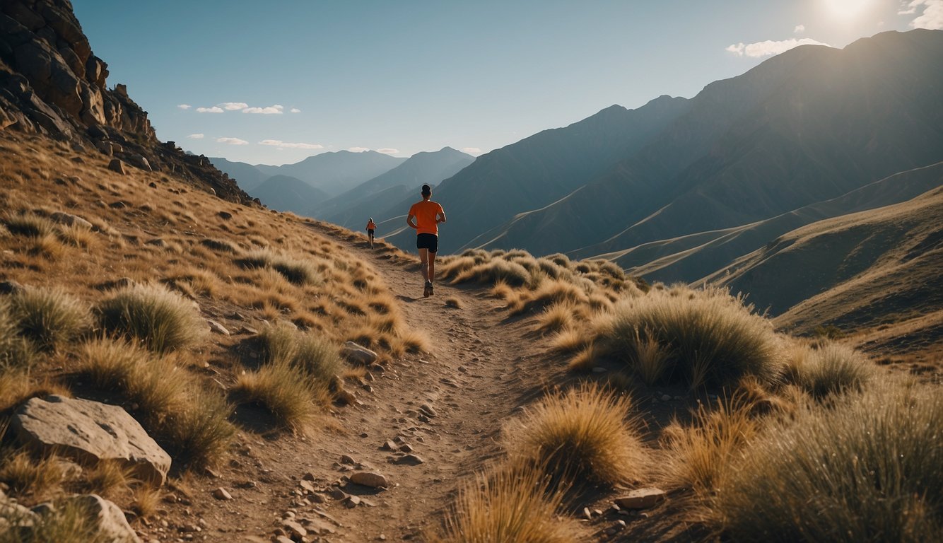 A trail winds through a diverse landscape, with steep inclines, rocky terrain, and flat stretches. The runner carefully navigates the changes in elevation, adjusting their pace to maintain a steady effort