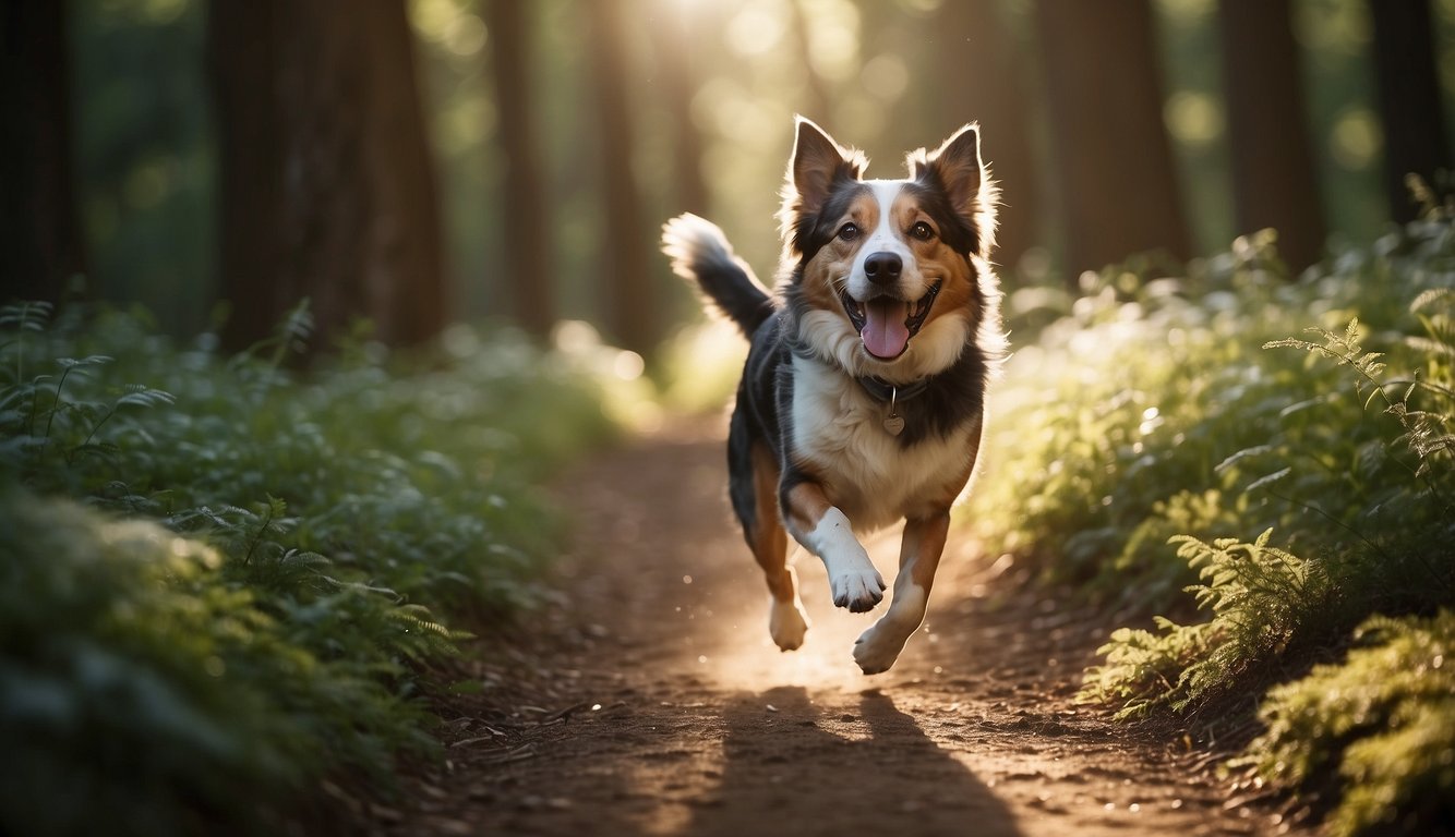 A happy dog bounds through a forest trail, tongue lolling and ears flapping. The sun filters through the trees as the canine runner navigates the winding path with ease and joy