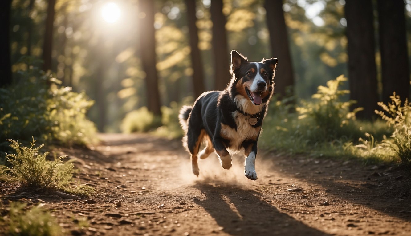 A dog runs alongside a trail, tongue out and tail wagging. The sun shines through the trees as the dog and its owner enjoy a safe and enjoyable trail run together