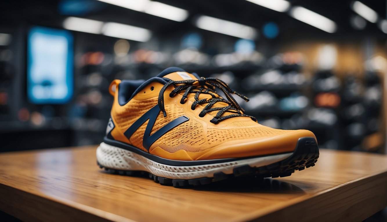 Trail running shoes displayed in a store, with brand-specific technologies and models showcased separately for men and women