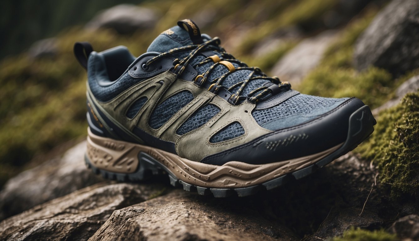 Trail running shoes navigating rocky and root-filled terrain, with enhanced grip and stability for optimal performance and safety