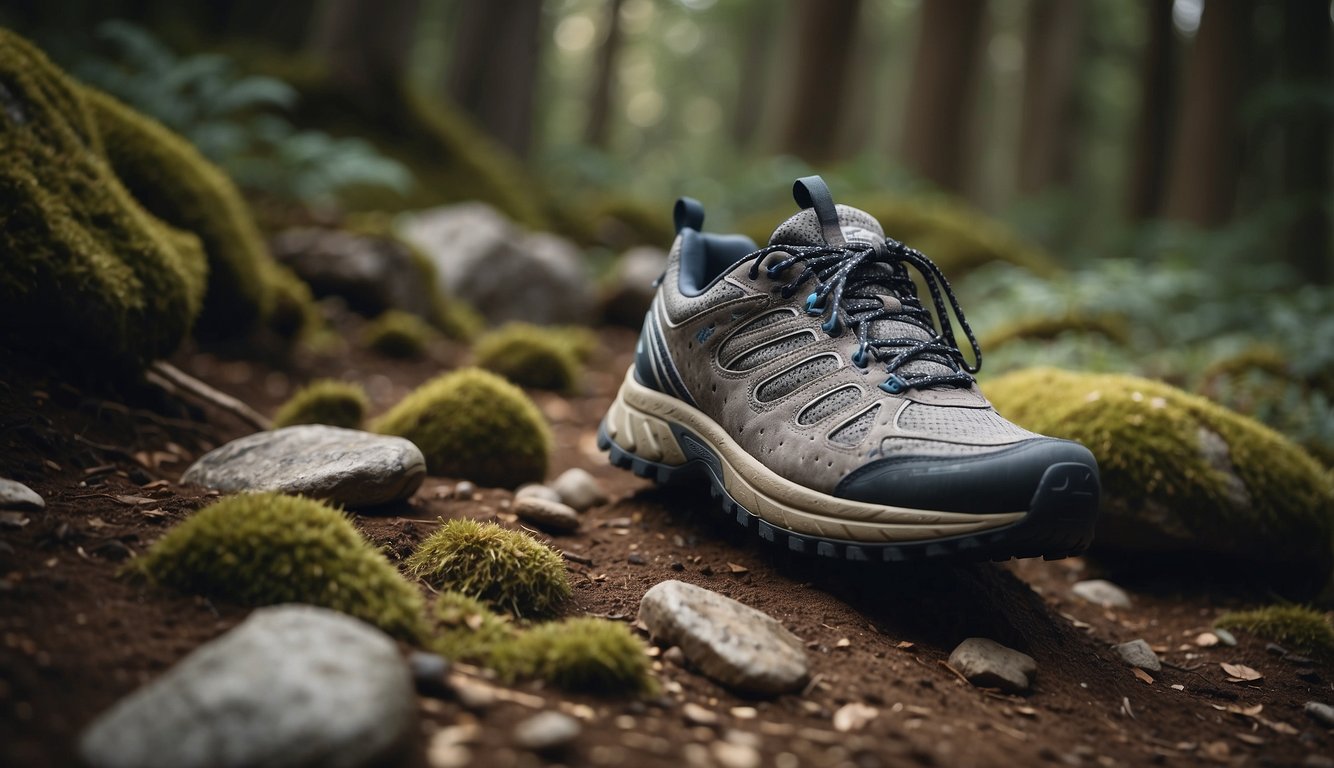 A trail running shoe navigating over rocky terrain with visible roots and rocks on the ground