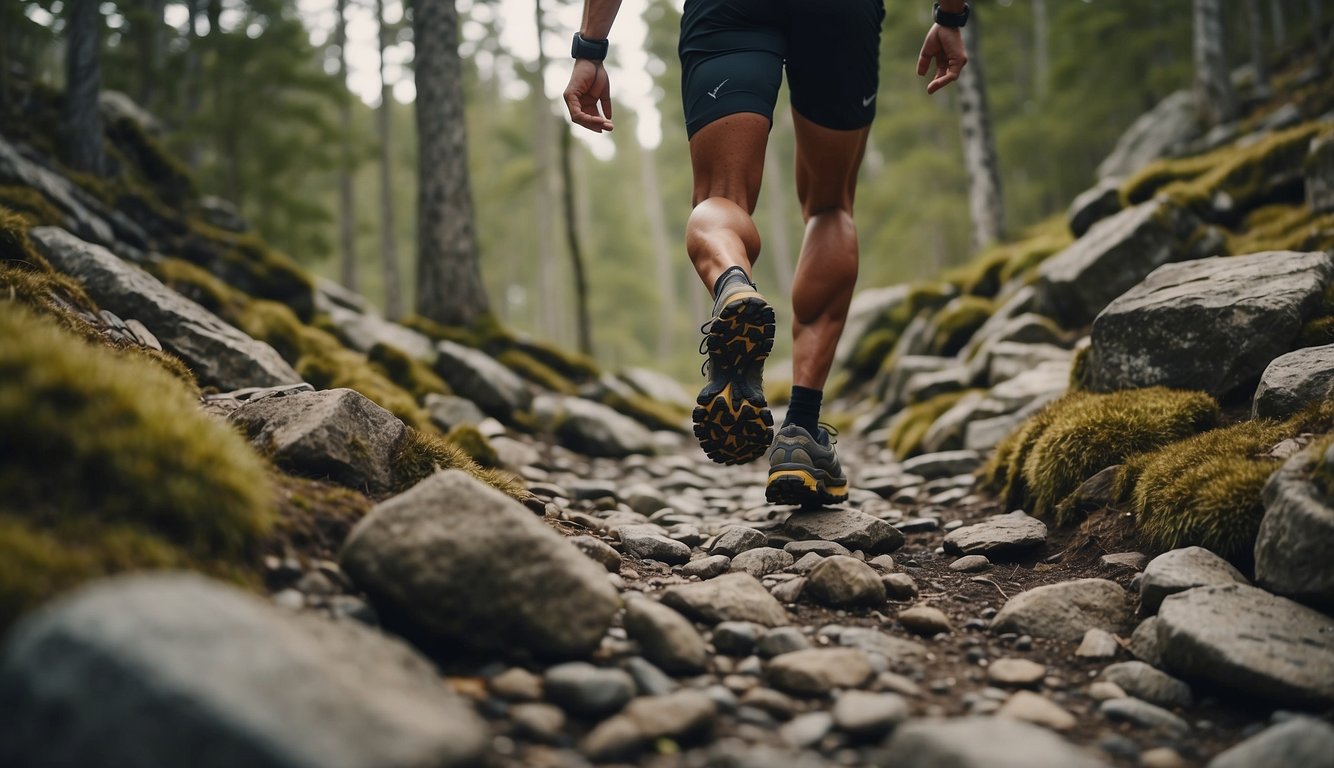 A trail runner navigates through rocky terrain, carefully avoiding roots. The runner's shoes show signs of wear from the rugged terrain