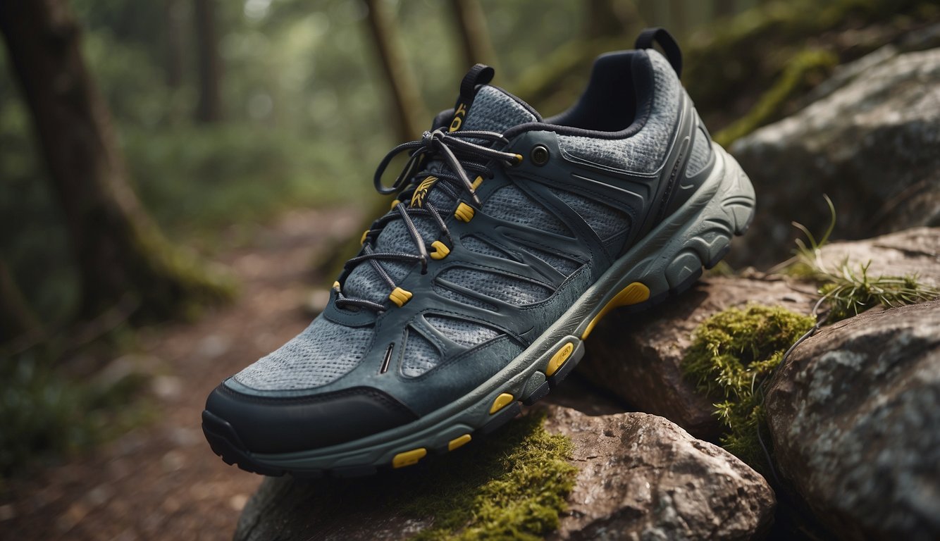 A pair of new trail running shoes sits on a rugged path, surrounded by trees and rocky terrain. The shoes are laced up and appear to be ready for a break-in period