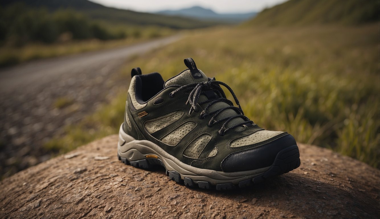 A pair of hybrid shoes sits on a crossroads, with one path leading to a rugged trail and the other to a smooth road, symbolizing their versatility for both types of running