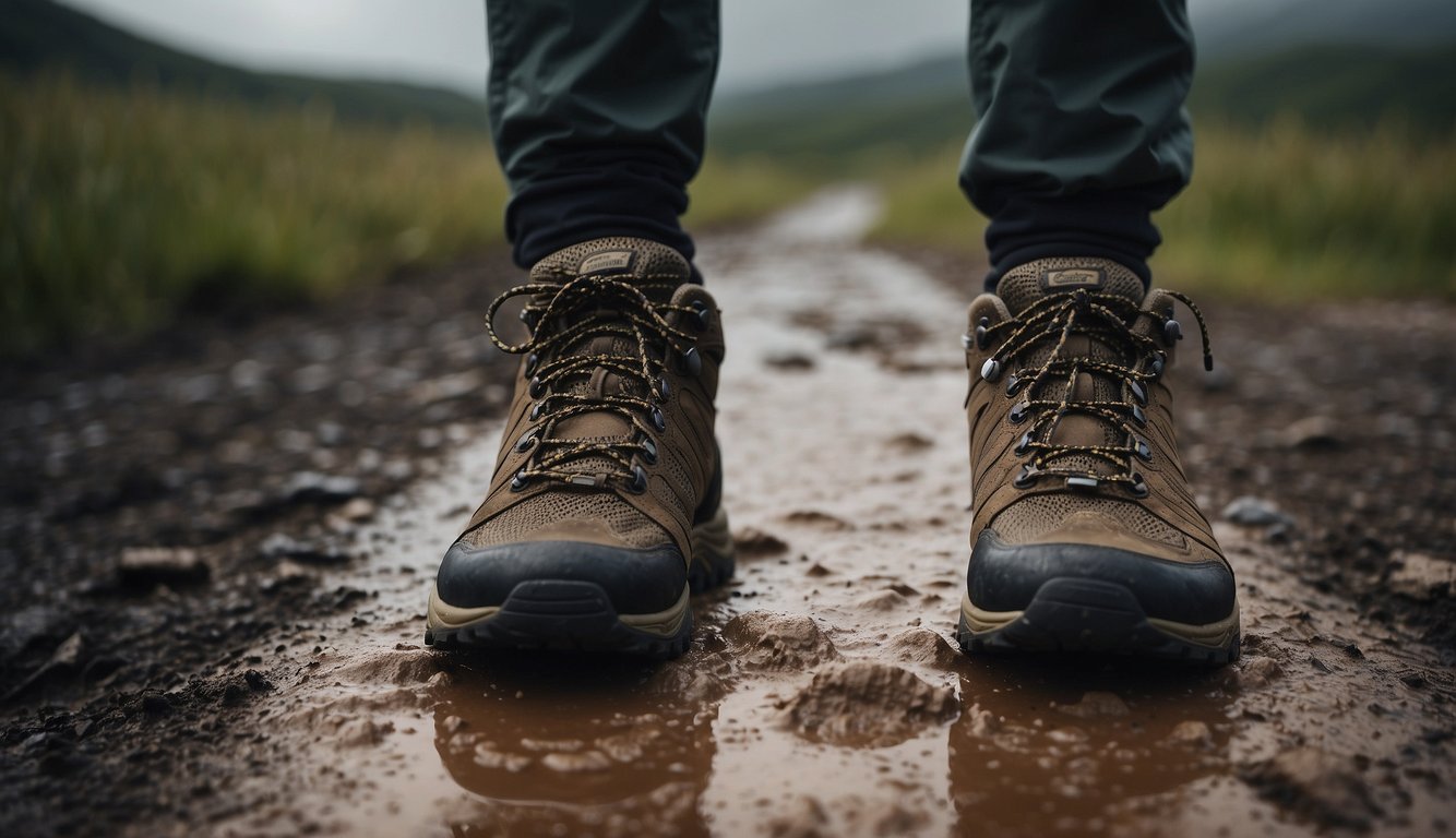 A hiker stands at a trail junction, facing muddy terrain with looming storm clouds. They hold two different trail shoes, one with aggressive treads and the other with a more moderate grip