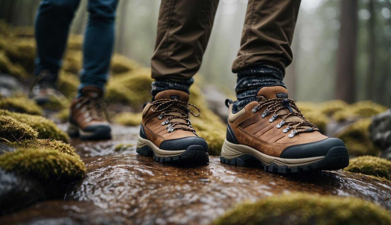 Hikers navigate rugged terrain in varying weather, choosing trail shoes for comfort and protection
