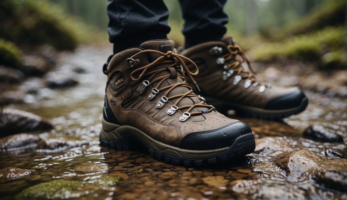 Hiking shoes arranged by trail type and weather conditions. Wet, muddy, rocky, and snowy trails depicted with corresponding footwear options