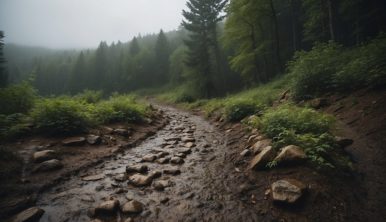 A muddy trail with rocks and roots, surrounded by trees and bushes, under a cloudy sky with the possibility of rain