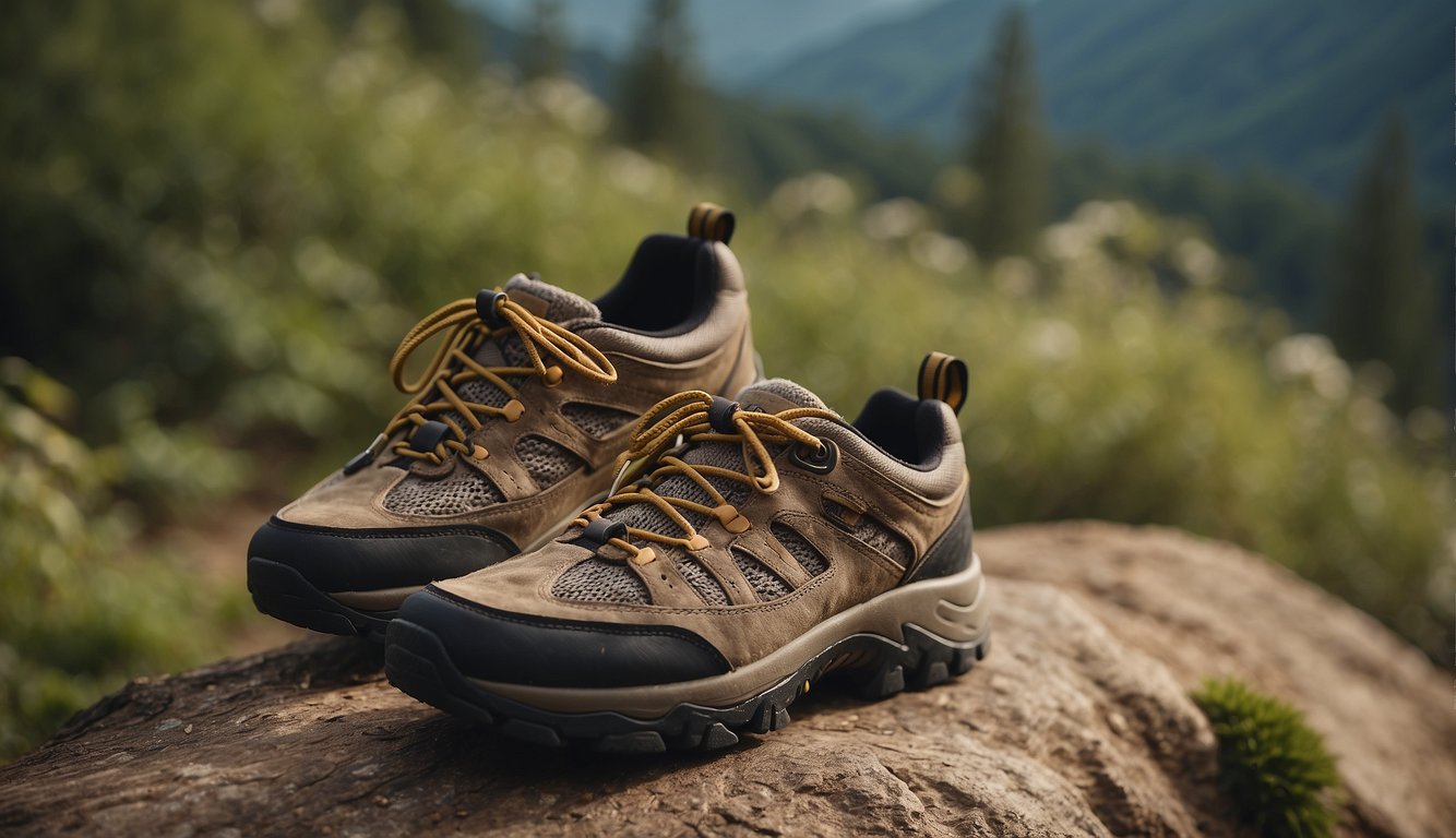 A trail shoe comparison: one shoe with laces, the other slip-on. Show both shoes on a rugged trail, surrounded by nature