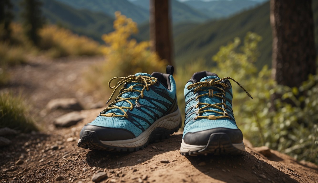 A pair of trail running shoes on a rugged, dirt-covered path, with a backdrop of trees and mountains in the distance