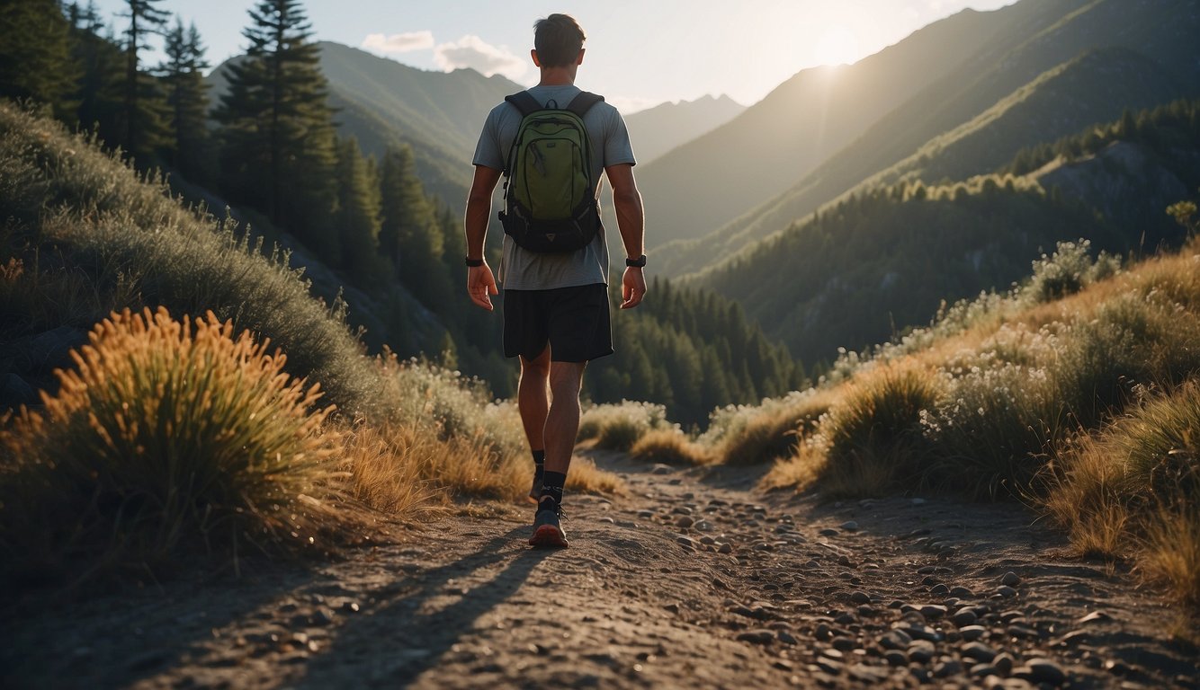 A trail runner stands at a crossroads, contemplating between laced and slip-on shoes. The rugged terrain and surrounding nature hint at the challenges ahead