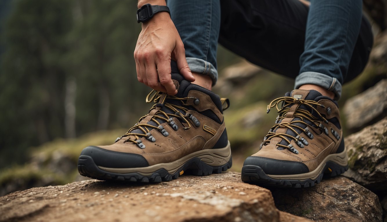 A hiker tries on two trail shoes, one heavy and one light, comparing fit and comfort on a rugged terrain