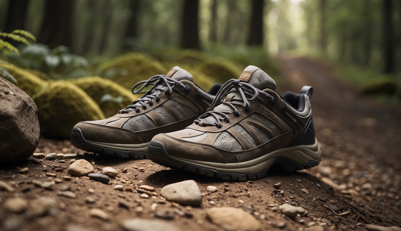 A pair of heavy and light trail shoes side by side on a dirt path, surrounded by rocks and trees, with one shoe sinking slightly into the ground while the other sits lightly on the surface