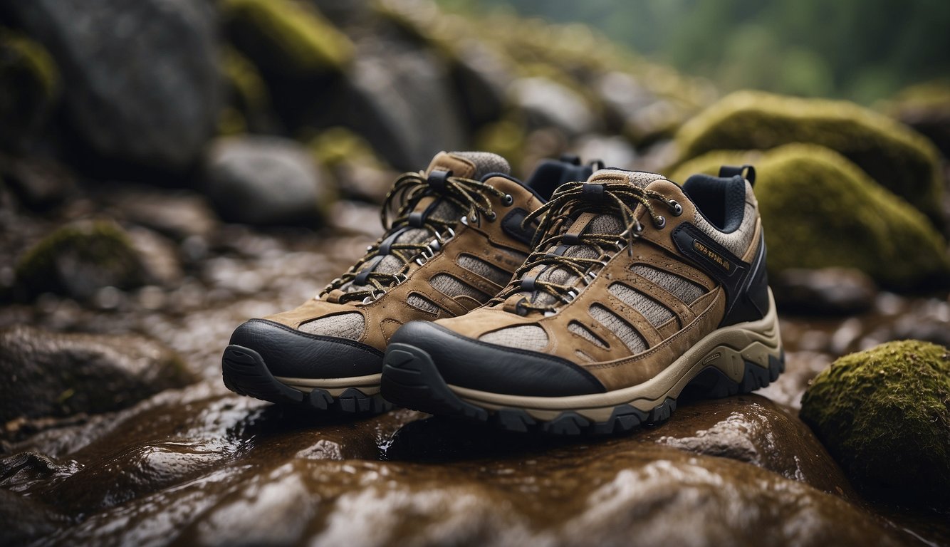 A pair of heavy and light trail shoes side by side on a rugged path, with rocks and mud