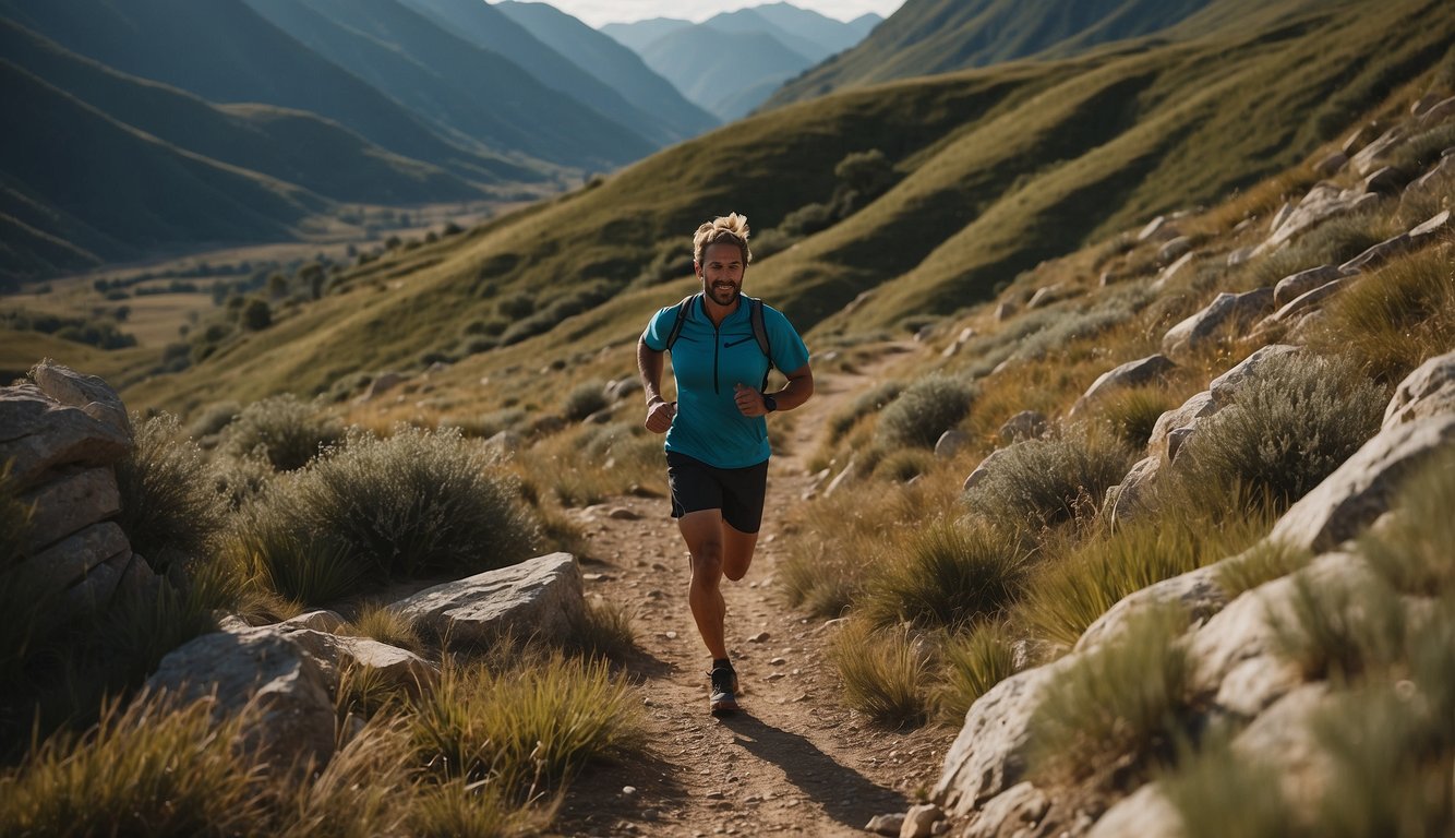A trail winds through a diverse landscape, from steep ascents to rolling flats. A runner navigates the terrain, adjusting their pace to conserve energy and maintain endurance