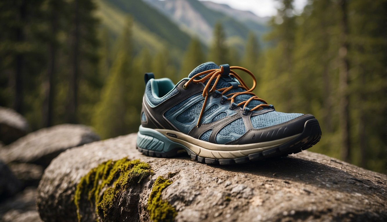 A pair of trail running shoes placed on a rocky trail, surrounded by trees and mountains in the background. The shoes are positioned to showcase the ideal drop for trail running