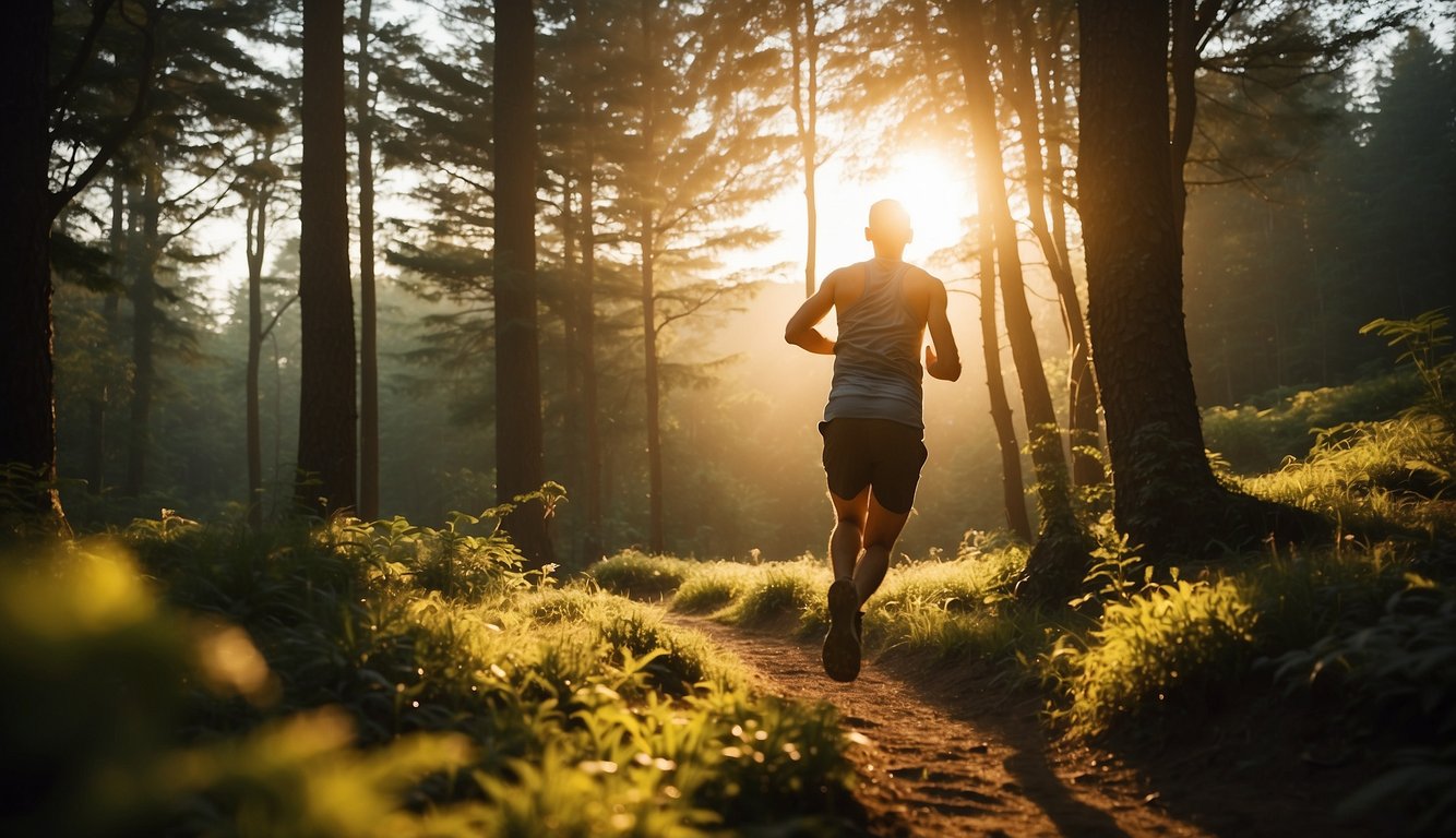 A trail runner stretches under a golden sunrise, then walks to cool down in a lush forest