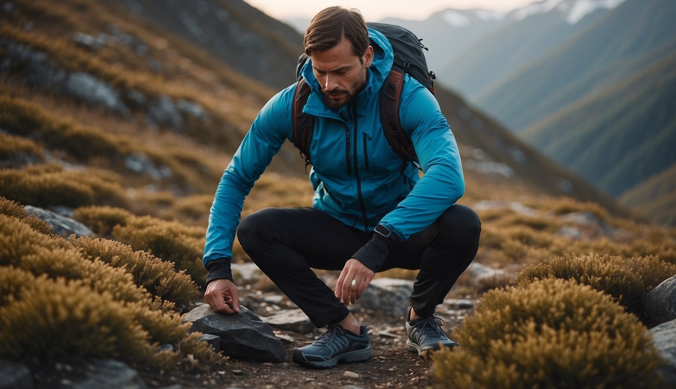 A trail runner stands with various layers of clothing laid out, adjusting based on temperature and weather conditions