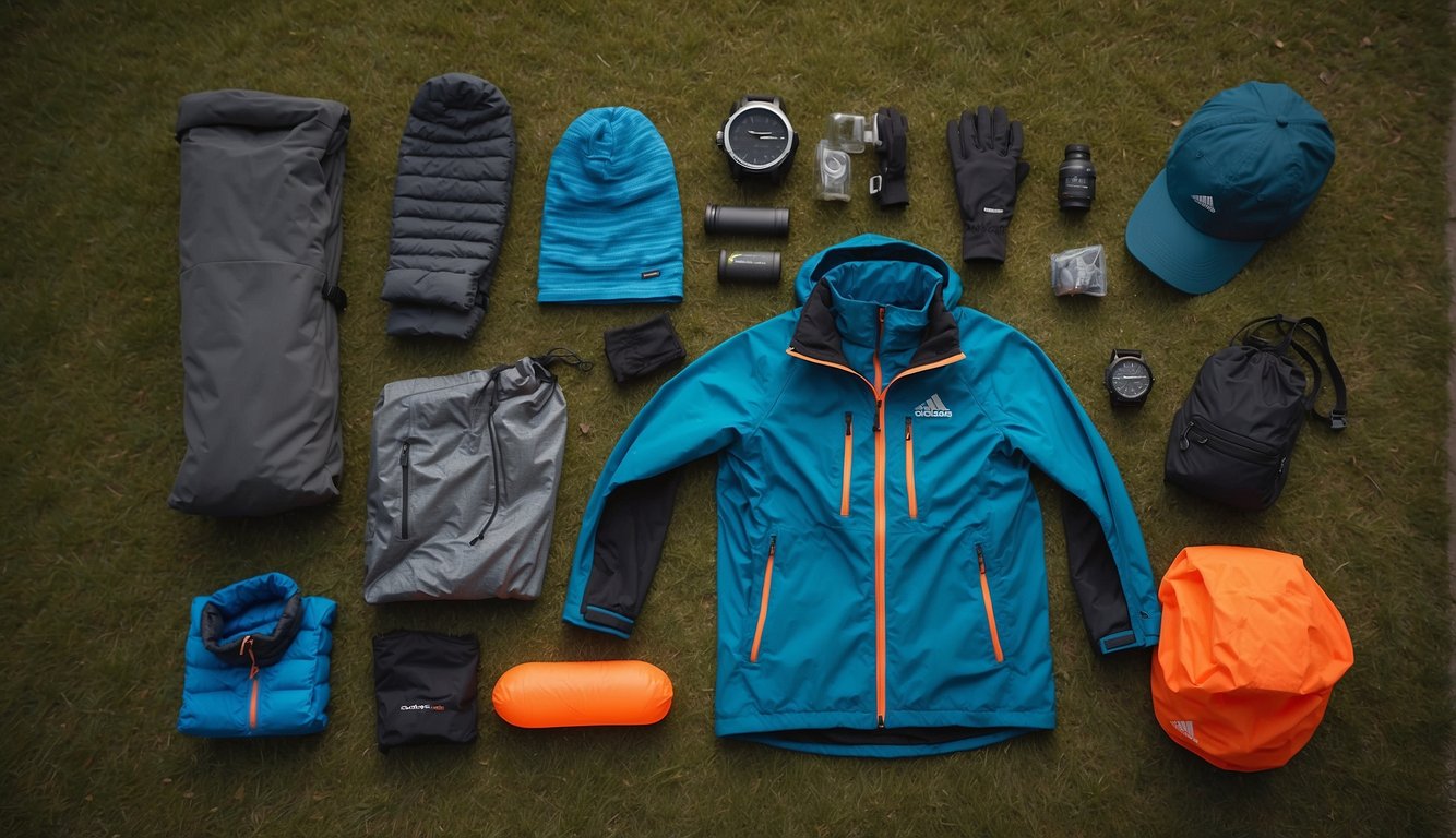A trail runner lays out clothing for layering based on temperature and conditions: base layer, insulating layer, outer shell, hat, gloves, and hydration pack
