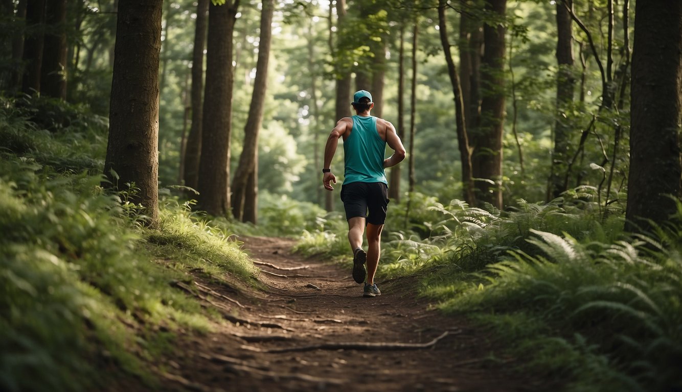 A runner traverses a rugged trail, surrounded by lush greenery and towering trees. The serene atmosphere and fresh air provide a calming effect on the mind