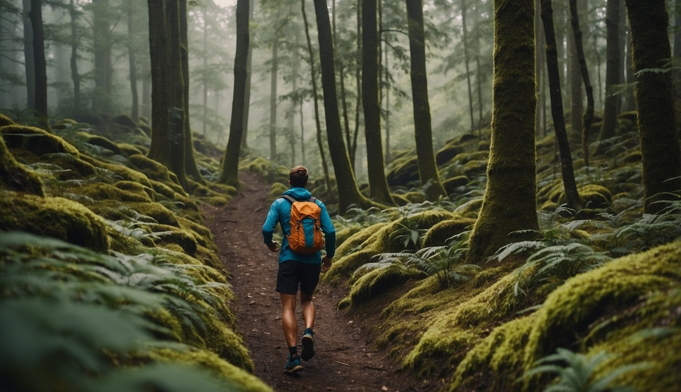 A runner navigates through a dense forest, following a map and compass. The trail is rugged and challenging, with steep inclines and obstacles. The runner's determination and focus are evident as they conquer the demanding terrain